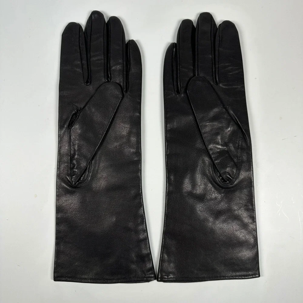 Vintage Black Leather Gloves Bow Detail Lined Japan Formal Evening Womens Size A